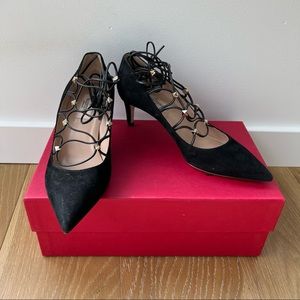 Valentino Rockstud LaceUp Suede Pump Heel, Black, size 36